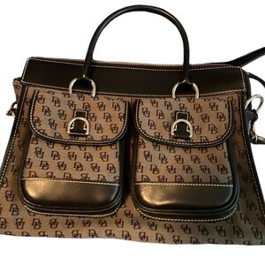 Dooney & Bourke Brown Leather/Canvas Logo Double Pocket Tote w/Crossbody strap